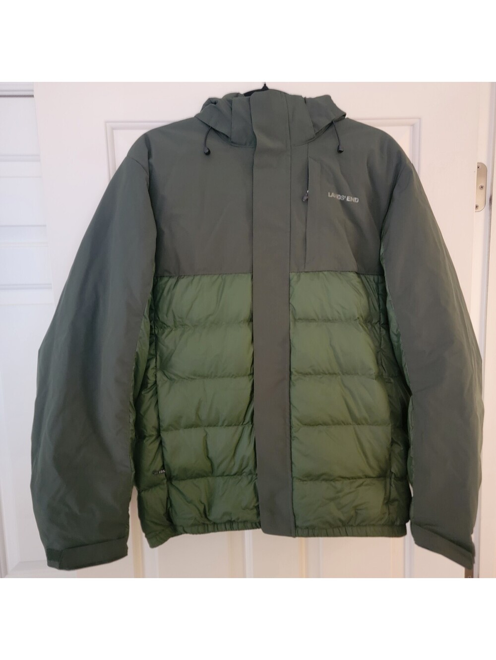 Lands End Mens 80% Down Jacket Puffer Colorblock Green Winter Coat Size Small